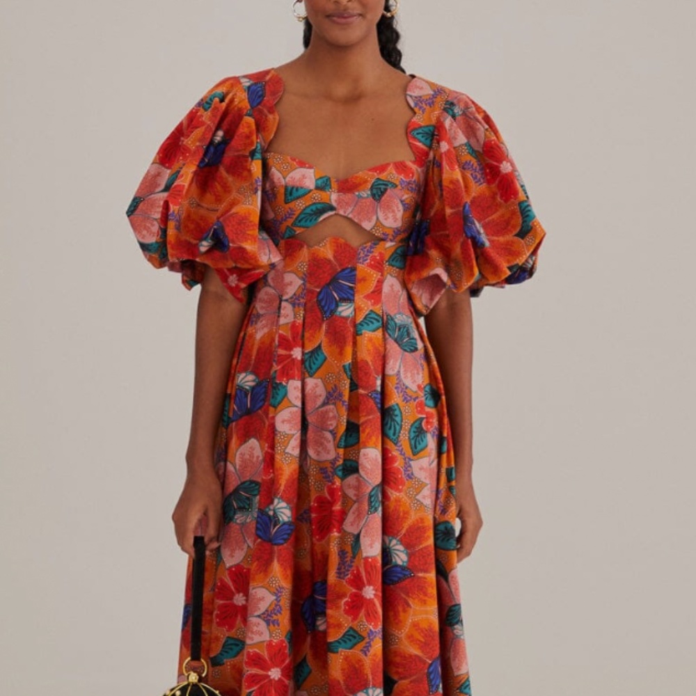Farm Rio ORANGE MARIAS FLORAL CUT-OUT MIDI DRESS